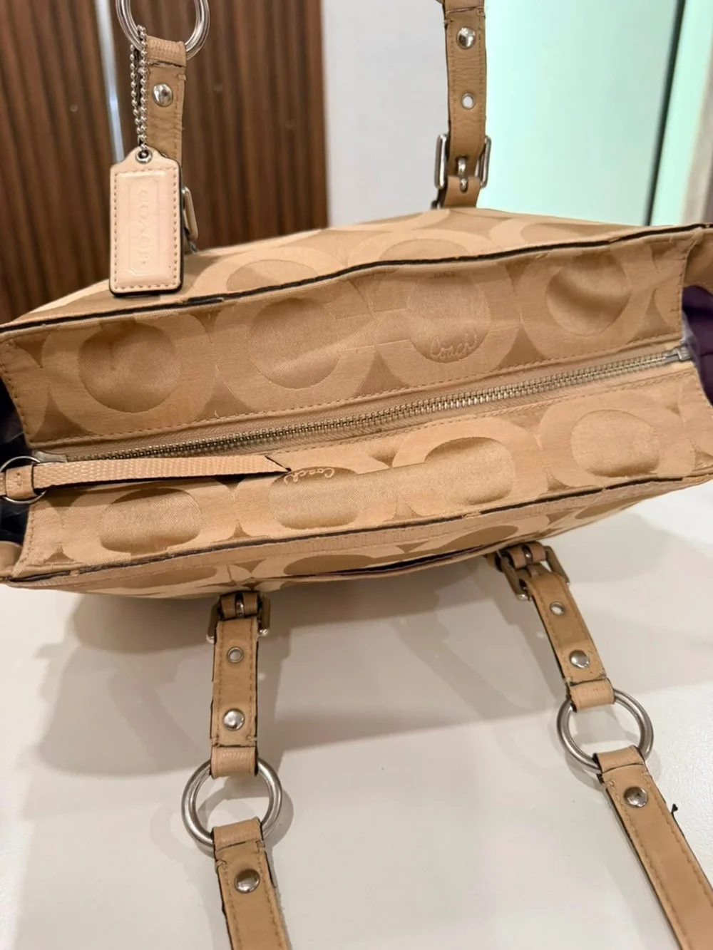 Coach Chelsea Y2K Canvas Leather OP Art Nuetral Tan Tote Shoulder Bag Purse